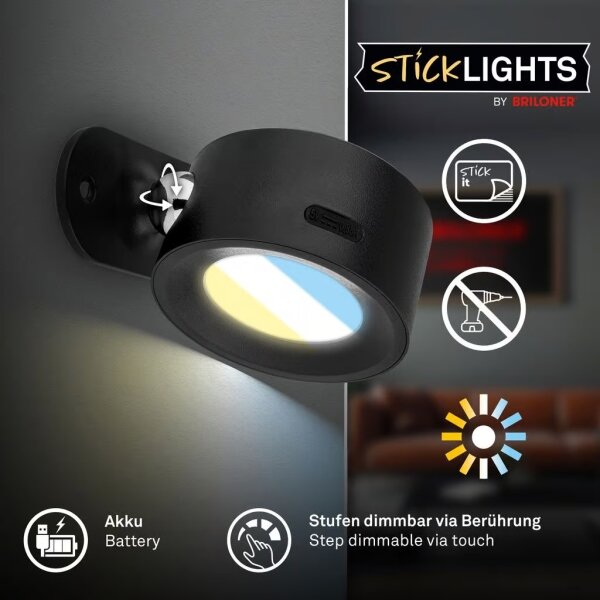 Briloner 3896015 - LED stmievateľné nabíjateľné nástenné svietidlo TARI LED/1,6W/5V 1500 mAh čierne