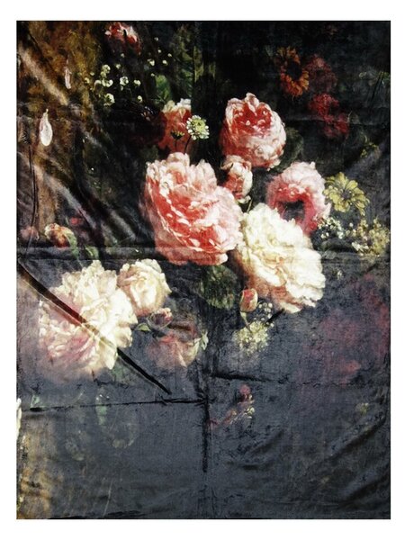 Černý plyšový pléd / přehoz s květy Vintage I - 130 * 170 cm