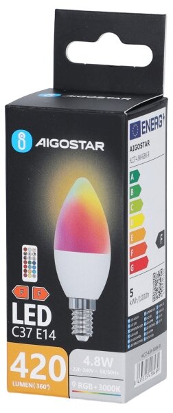 LED RGBW žiarovka C37, pätica E14, 4,8 W, 230 V, 3000 K, s diaľkovým ovládaním - Aigostar