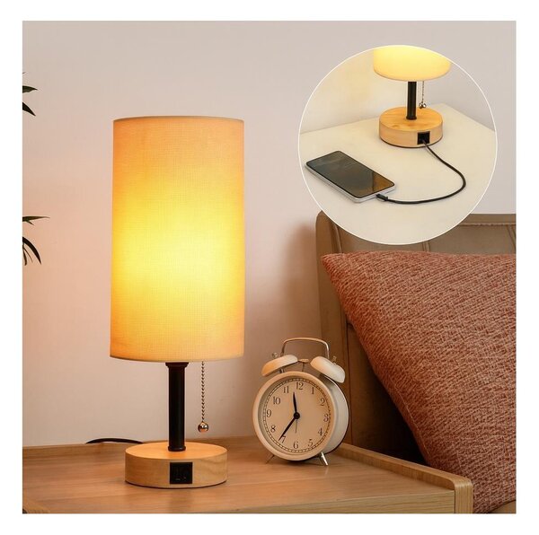 Brilagi - Stolná lampa s USB portom TABLON 1xE27/25W/230V dub/čierna/béžová
