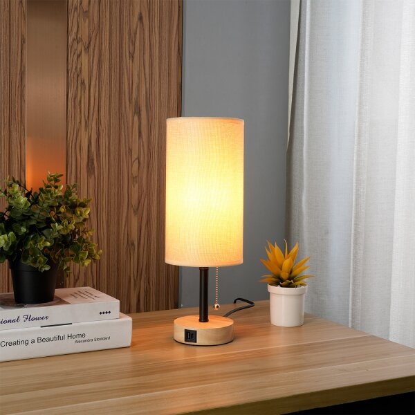 Brilagi - Stolná lampa s USB portom TABLON 1xE27/25W/230V dub/čierna/béžová