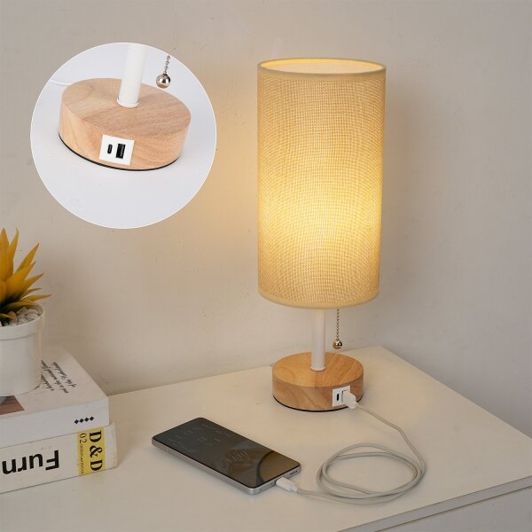 Brilagi - Stolná lampa s USB portom TABLON 1xE27/25W/230V dubová/biela/béžová