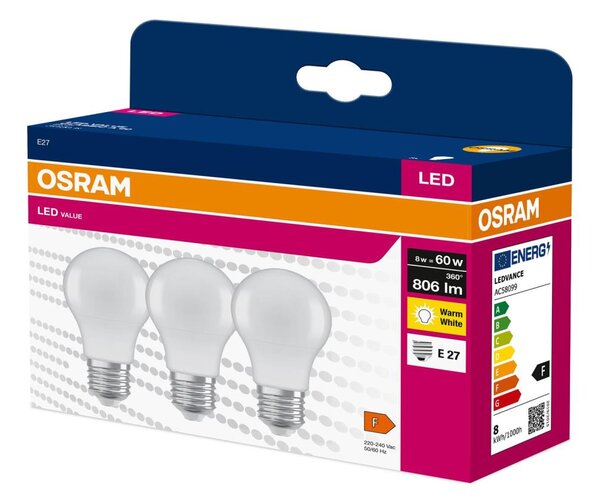 Sada 3x LED žiarovka A60 E27/8W/230V 3000K - Osram