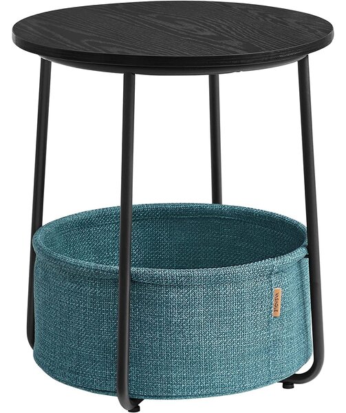 Malý stolík, okrúhly príručný stolík s textilným košíkom, čierna a tyrkysová farba