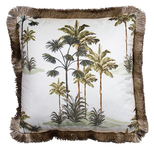 Zamatový krémový vankúš s palmama a třásňovitým okrajom - 45 * 45 * 10cm