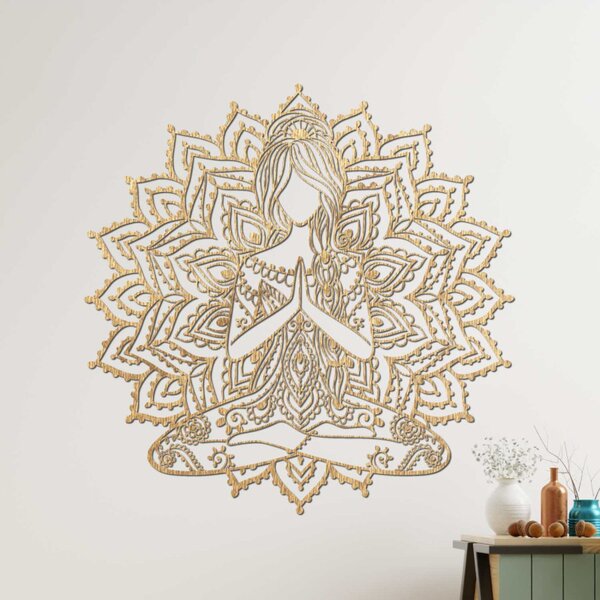 Drevená mandala joga žena – 3D obraz na stenu do obývačky | SENTOP PR0511