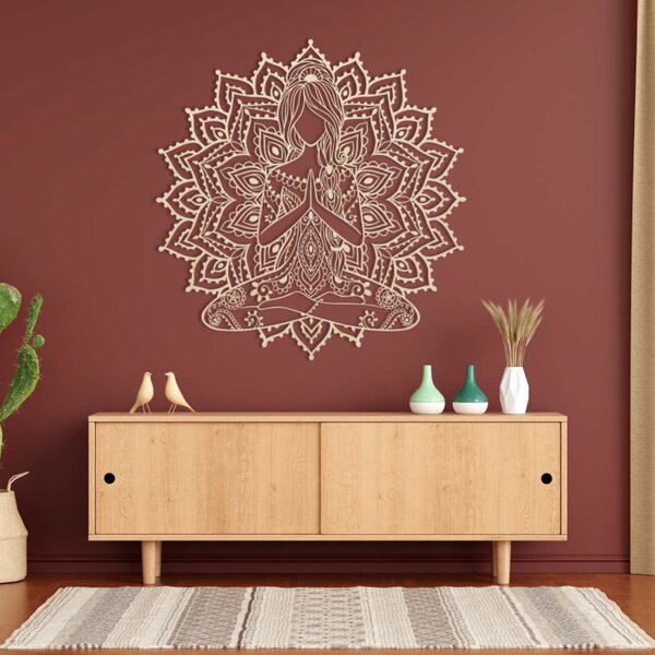 Drevená mandala joga žena – 3D obraz na stenu do obývačky | SENTOP PR0511