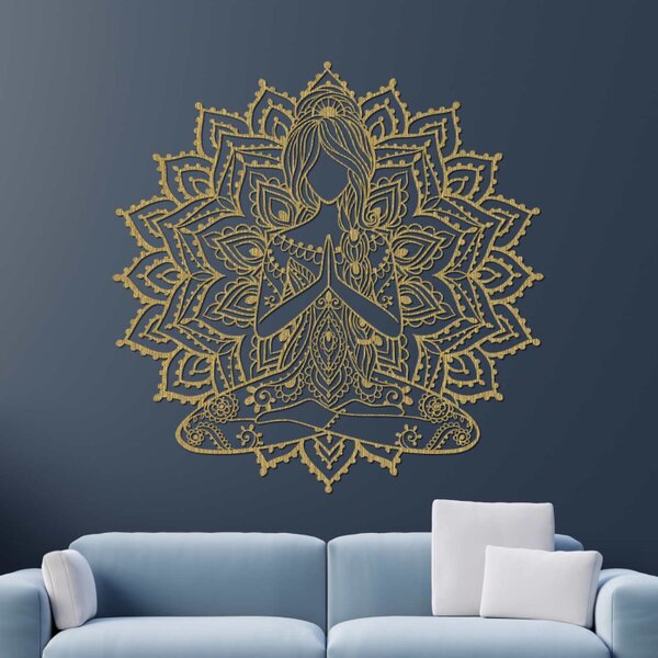 Drevená mandala joga žena – 3D obraz na stenu do obývačky | SENTOP PR0511