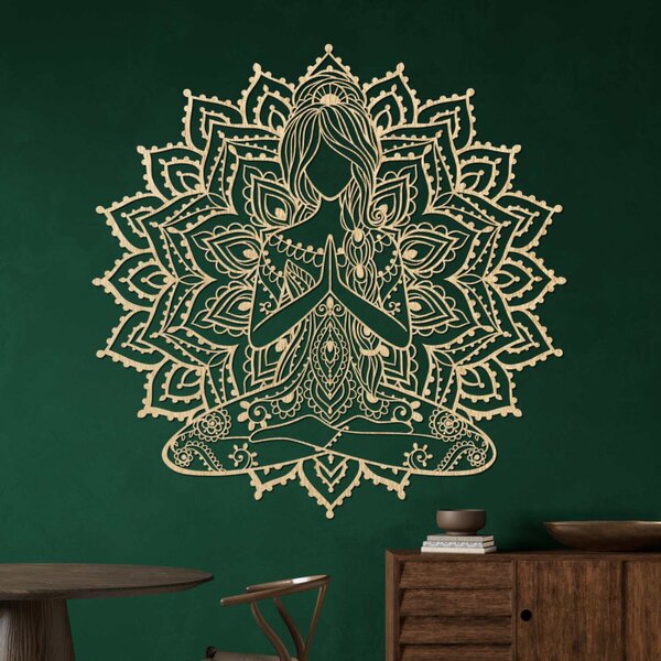 Drevená mandala joga žena – 3D obraz na stenu do obývačky | SENTOP PR0511