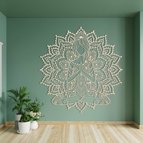 Drevená mandala joga žena – 3D obraz na stenu do obývačky | SENTOP PR0511