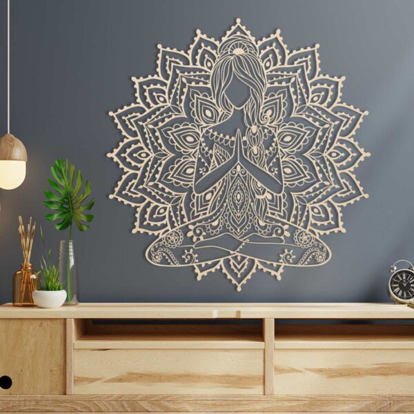 Drevená mandala joga žena – 3D obraz na stenu do obývačky | SENTOP PR0511