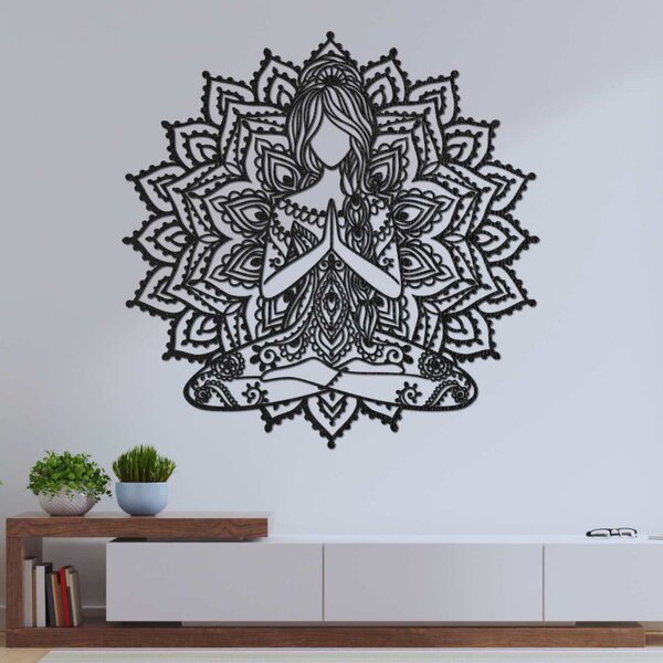 Drevená mandala joga žena – moderný 3D obraz na stenu do obývačk | SENTOP HDF0511