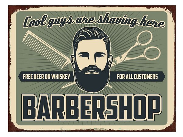 Zelená nástenná kovová ceduľa Barber Shop - 33*1*25 cm - Clayre & Eef