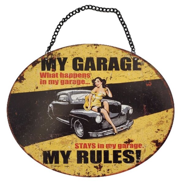 Závesná žltá kovová ceduľa My Garage My Rules - 25*20 cm - Ostatní