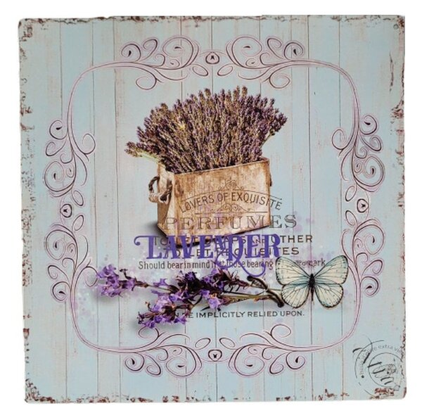 Modrá nástenná kovová ceduľa s levanduľou Lavander - 30*30 cm - Ostatní
