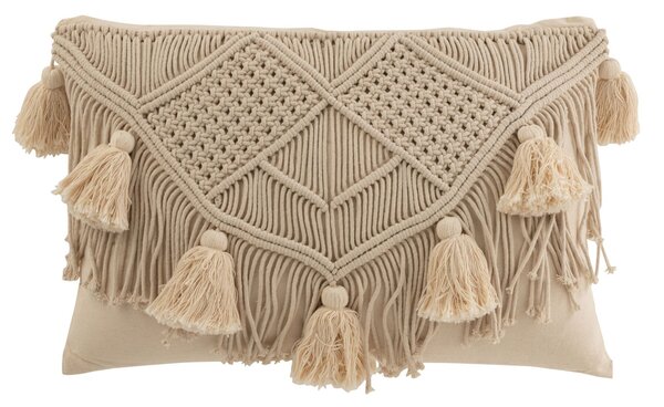 Béžový vankúš s drhaným vzorom a strapcami Macramé cosy - 47*16*36 cm - J-Line by Jolipa
