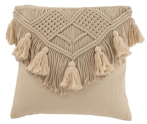 Béžový vankúš s drhaným vzorom a strapcami Macrame cosy - 45*17*45 cm - J-Line by Jolipa