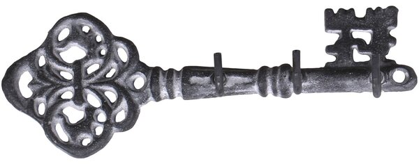 Šedý antik nástenný vešiak v tvare kľúča s 3-mi háčikmi - 19*4*6,5 cm - Chic Antique