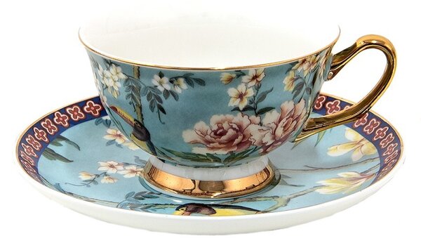 Modrá porcelánová šálka s tanierikom s kvetmi a Tukanom - 12*10*6 cm / Ø 15*2 cm / 200 ml - Clayre & Eef