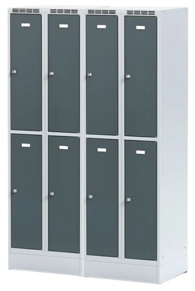 Kovová šatníková skrinka S6 na sokli s úložnými boxami, 4 boxy, 1920 x 600 x 500 mm, cylindrický zámok, tmavosivé dvere