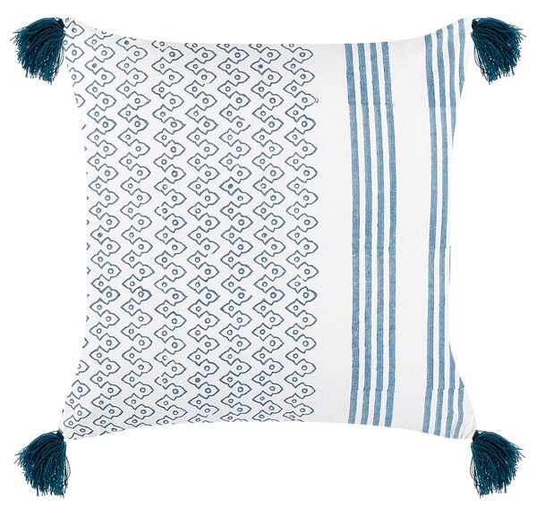 Dekoratívny vankúš biela a modrá bavlna 45 x 45 cm geometrický vzor bloková potlač strapce boho doplnky