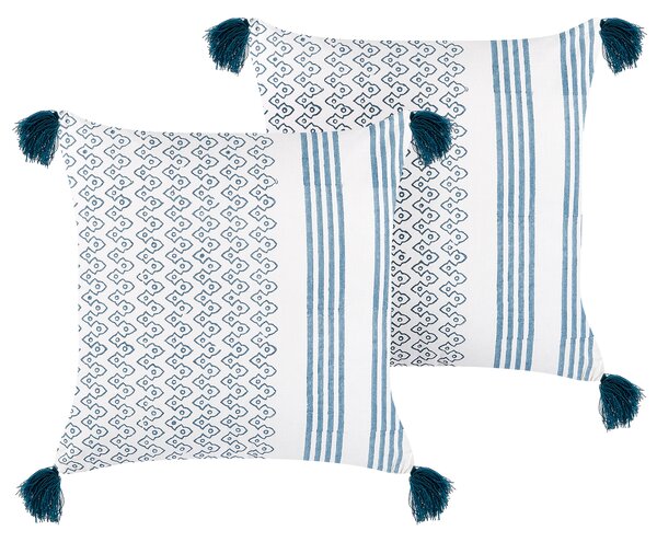 Súprava 2 dekoratívnych vankúšov biela a modrá bavlna 45 x 45 cm geometrický vzor bloková potlač strapce boho doplnky