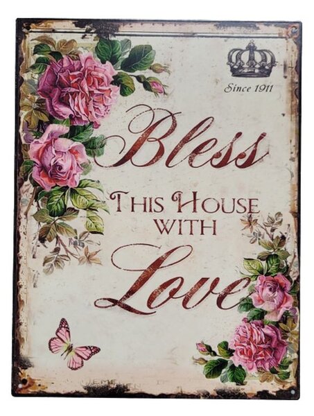 Nástenná kovová ceduľa Bless this house with Love - 25*33 cm - Ostatní