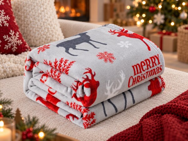 2x Sivá vianočná mikroplyšová deka MERRY CHRISTMAS DEER 160x200 cm