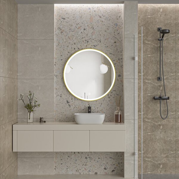 Erga Olivia, okrúhle LED zrkadlo 90cm, zlatý kovový rám, 2070 lm, 6500K, predné osvetlenie, ERG-V01-202-9090-GD