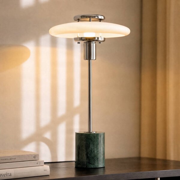 Lindby stolová lampa Branford, retro, biela/zelená opálové sklo/mramor, Zelená, Obývacia izba / jedáleň, Sklo, Vintage, Stojacie svietidlo