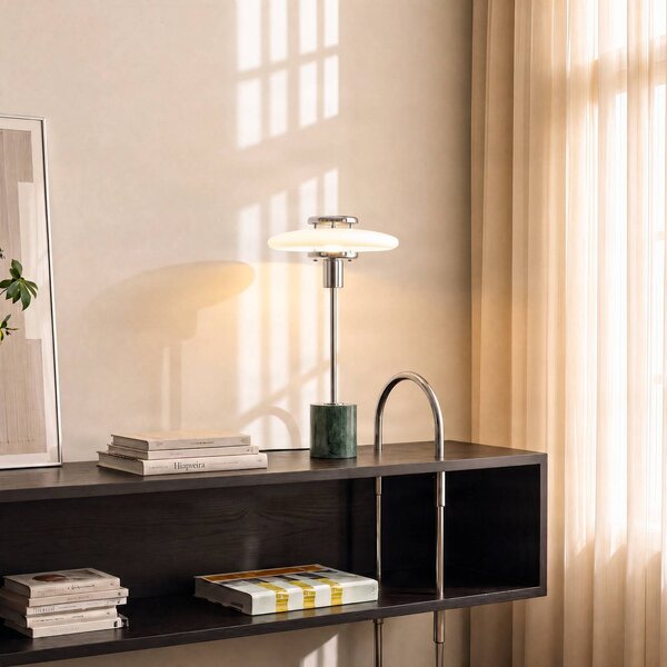 Lindby stolová lampa Branford, retro, biela/zelená opálové sklo/mramor, Zelená, Obývacia izba / jedáleň, Sklo, Vintage, Stojacie svietidlo