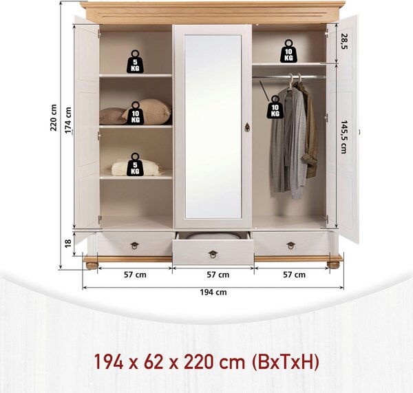 ŠATNÍKOVÁ SKRIŇA, borovica, biela, farba duba, 194/220/62 cm Ti'me - Skrine, Online Only