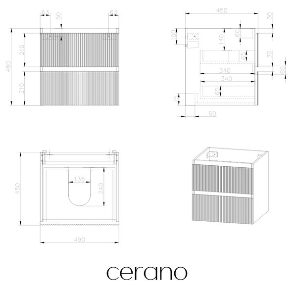 CERANO - Kúpeľňová skrinka pod umývadlo Carole - biela matná ryhovaná - 49x48x45 cm