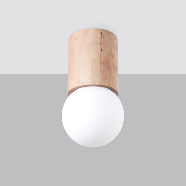 Stropné svietidlo Boomo, 1x biele sklenené tienidlo, drevo, (23 cm)