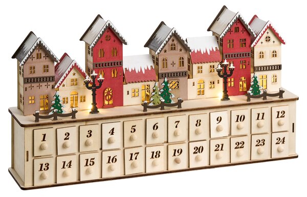 Vianočná LED dekorácia svetlohnedý drevený adventný kalendár na baterky domčeky vianočná krajinka