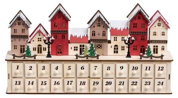 Vianočná LED dekorácia svetlohnedý drevený adventný kalendár na baterky domčeky vianočná krajinka