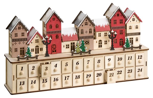 Vianočná LED dekorácia svetlohnedý drevený adventný kalendár na baterky domčeky vianočná krajinka