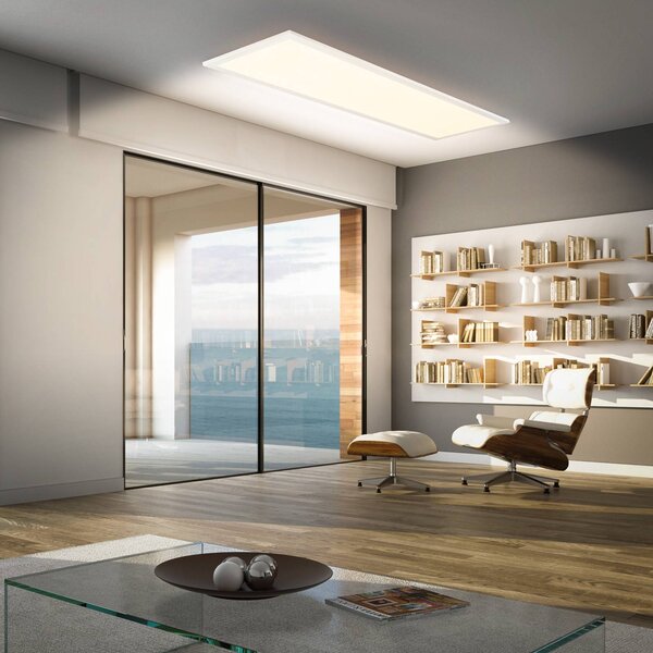 LED panel Piatto IP44, 100 x 25 cm, diaľkové ovládanie, biela farba, Biela / opálová, Pracovňa / Kancelária, kov, Stropné svetlo