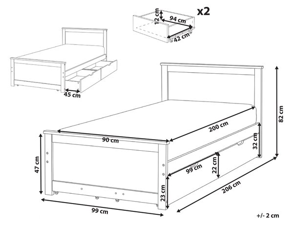 Drevená posteľ s 2 zásuvkami prírodné svetlé borovicové drevo MDF brezové drevo 90 x 200 cm rám postele s čelom