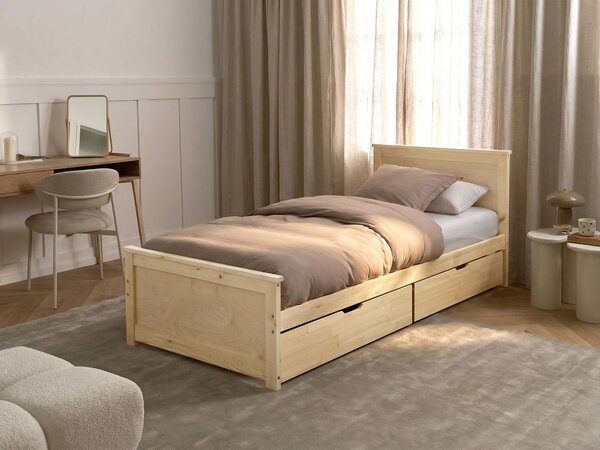 Drevená posteľ s 2 zásuvkami prírodné svetlé borovicové drevo MDF brezové drevo 90 x 200 cm rám postele s čelom
