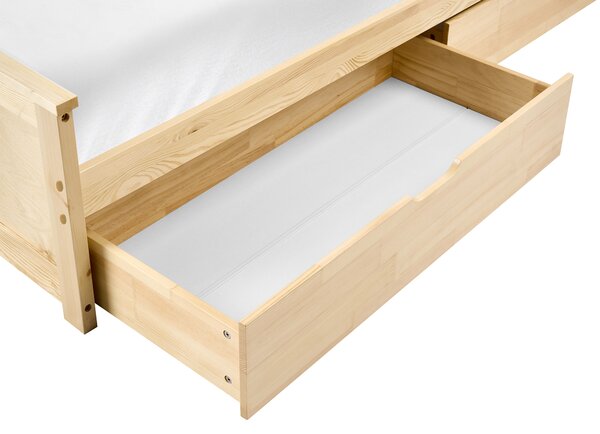 Drevená posteľ s 2 zásuvkami prírodné svetlé borovicové drevo MDF brezové drevo 90 x 200 cm rám postele s čelom