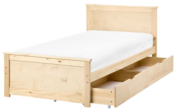 Drevená posteľ s 2 zásuvkami prírodné svetlé borovicové drevo MDF brezové drevo 90 x 200 cm rám postele s čelom
