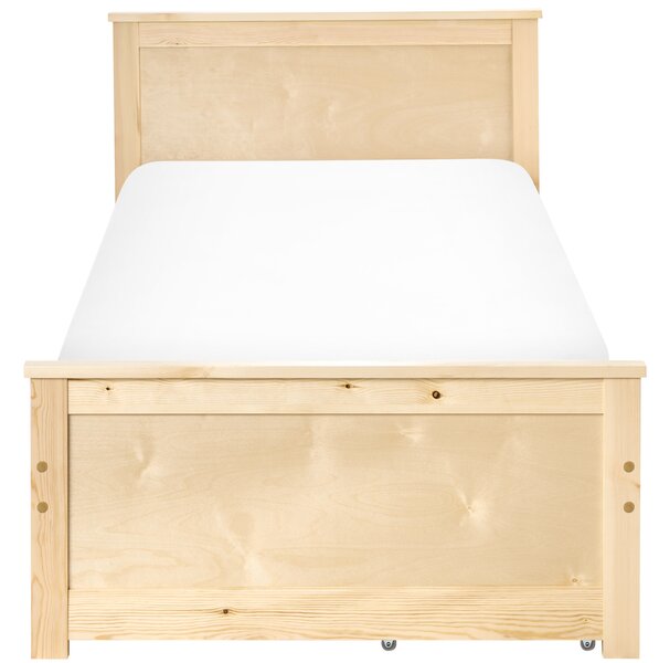 Drevená posteľ s 2 zásuvkami prírodné svetlé borovicové drevo MDF brezové drevo 90 x 200 cm rám postele s čelom