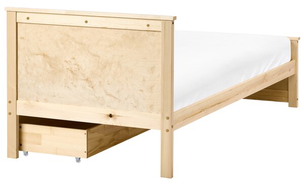 Drevená posteľ s 2 zásuvkami prírodné svetlé borovicové drevo MDF brezové drevo 90 x 200 cm rám postele s čelom