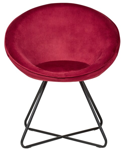 Dizajnové kreslo červené zamatové čalúnenie okrúhle sedadlo retro minimalistický dizajn