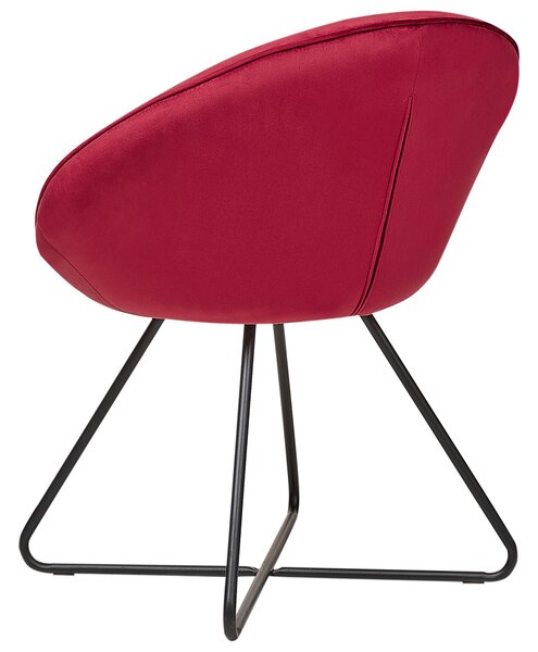 Dizajnové kreslo červené zamatové čalúnenie okrúhle sedadlo retro minimalistický dizajn