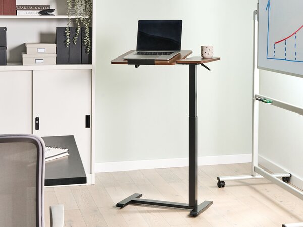 Výškovo nastaviteľný stôl na notebook hnedá čierna oceľový rám 70 x 40 cm manuálne nastavenie výšky moderná kancelária