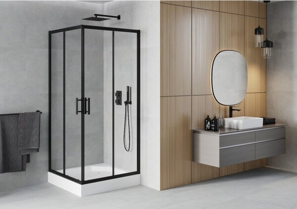 Mexen Rio štvorcový sprchovací kút 90 x 90 cm, transparentný, čierny + sprchová vanička, biela - 860-090-090-70-00-4510