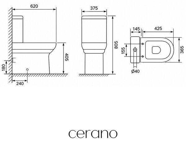 CERANO - zvýšené WC kombi Vereto, Rimless - bezokrajové splachovanie + PP sedadlo - spodný/zadný odpad - lesklá biela - 80,5x37,5 cm