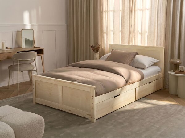 Drevená posteľ s 2 zásuvkami prírodné svetlé borovicové drevo MDF brezové drevo 120 x 200 cm rám postele s čelom